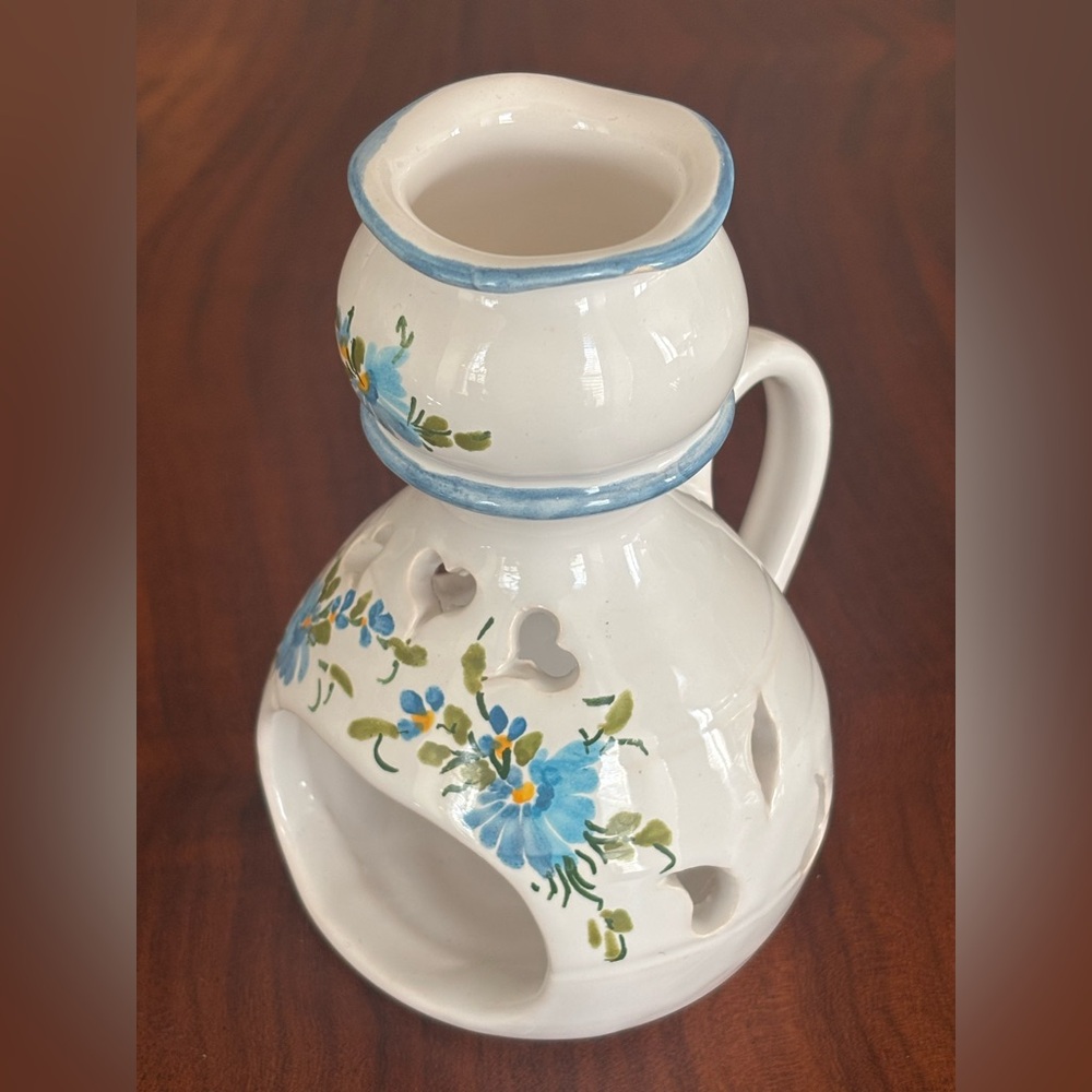 Vinhyo Fait Main Handpainted Ceramic Tea Light Wax Warmer -  Blue Floral